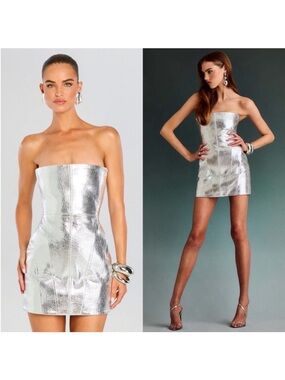 RETROFETE Casmir Leather Strapless Silver Mini Dress Size Medium